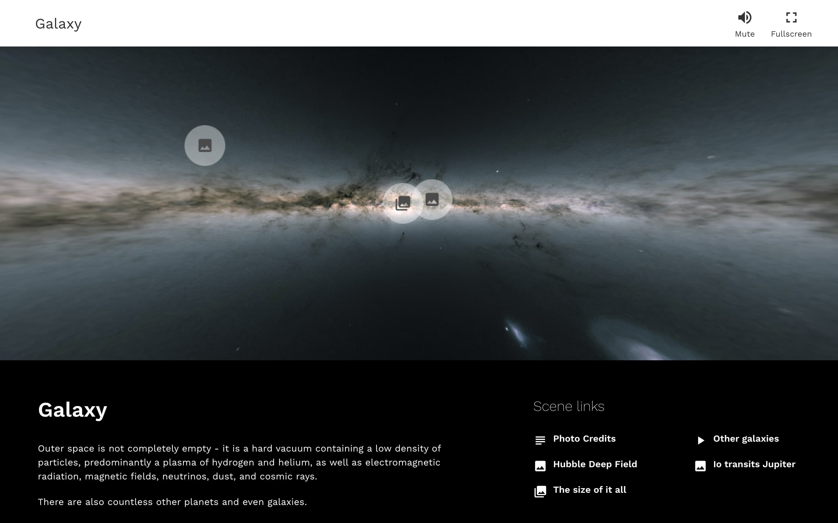 A large 360 degree image of our galaxy fills the screen, with some details and links to other pages on the microsite at the bottom.