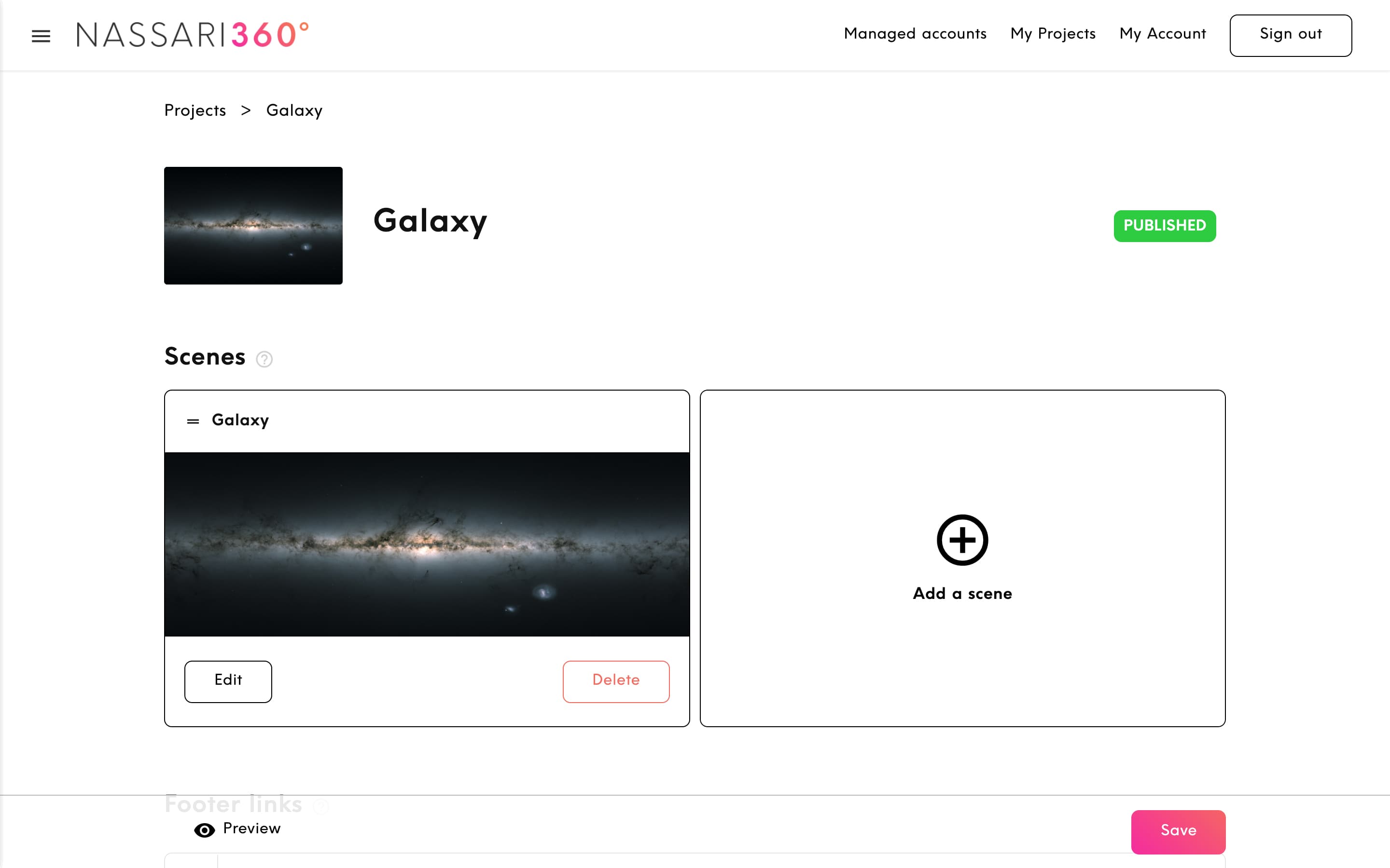 The back end of the Nassari 360 application shows a list of scenes in a project with an intuitive and modern interface.