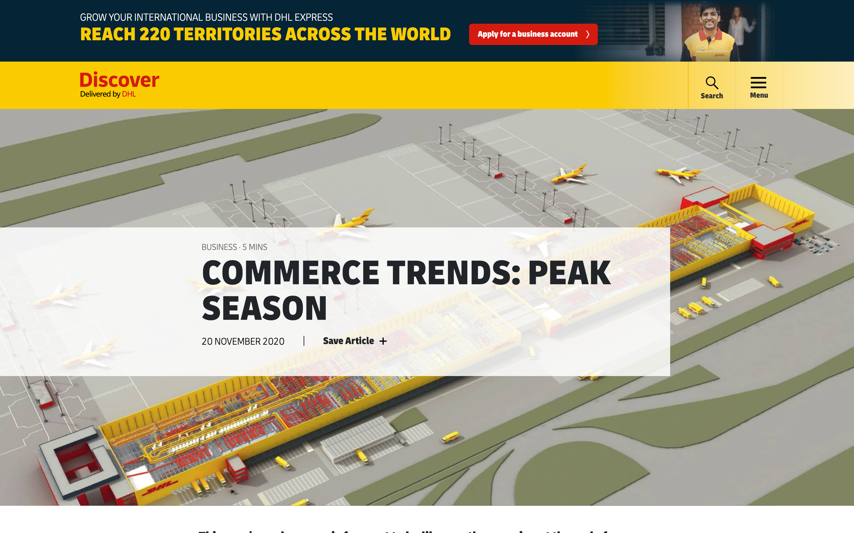 The hero section of a lovely DHL Discover article page.  A graphic representation of a logistics centre lends context to the bold and engaging article headline.