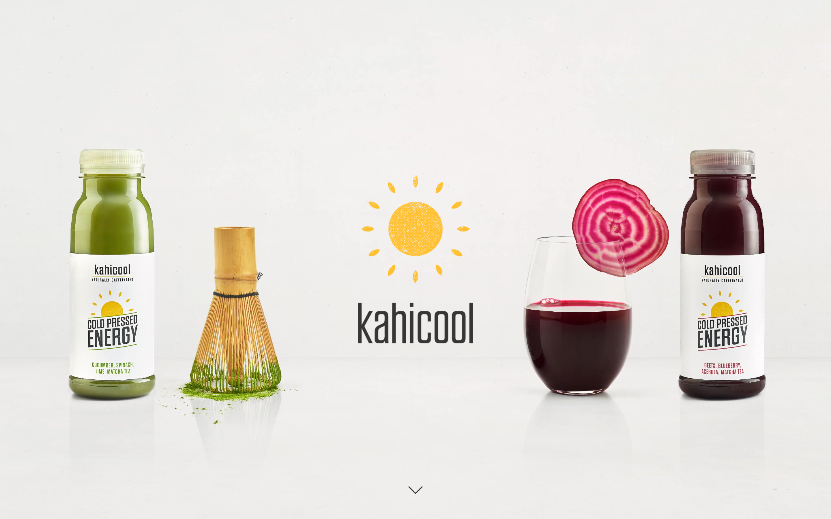 The landing page of the Kahicool website, showing the two flavours of kahicool in their bottles, along side the main ingredient of each flavour.